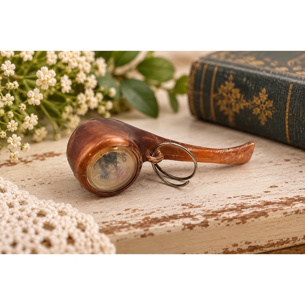 Vintage Miniature Wood Compass Keychain Rustic Tobacco Tobacciana Folk Art